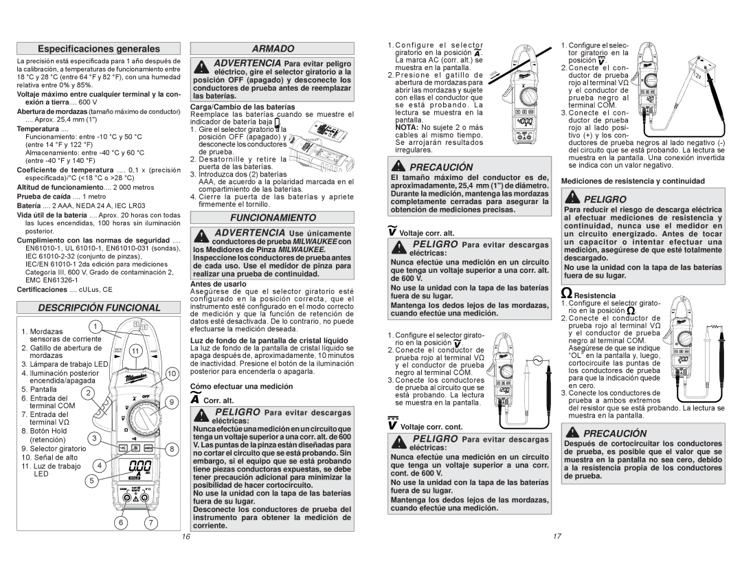 Milwaukee 2235-20 manual Especiﬁcaciones generales, Descripción Funcional Armado, Funcionamiento, Peligro eléctricas 