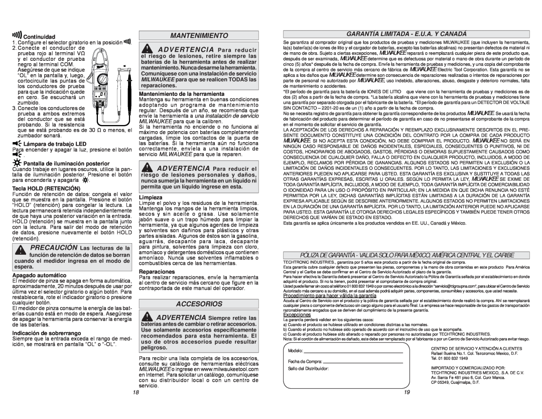 Milwaukee 2235-20 manual Mantenimiento, Accesorios, Garantía Limitada - E.U.A. Y Canadá 
