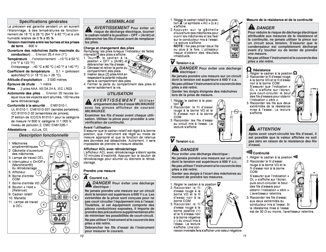 Milwaukee 2235-20 manual Spéciﬁcations générales, Description fonctionnelle, Assemblage, Utilisation, Danger 