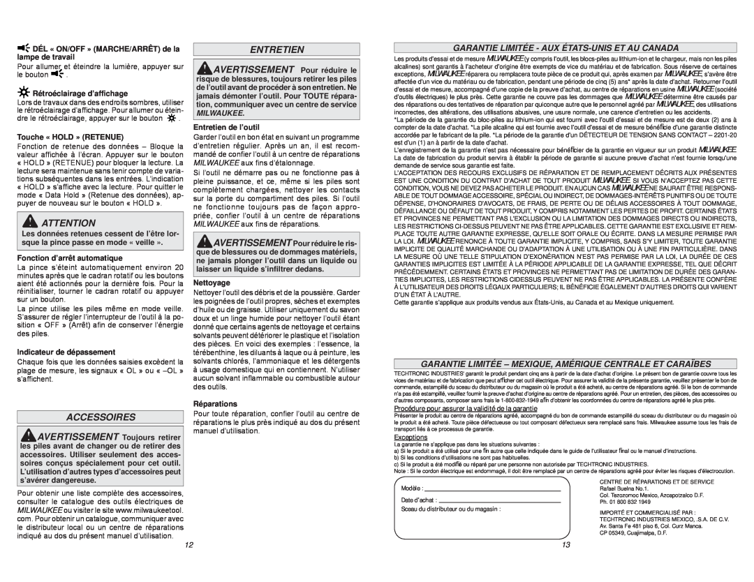 Milwaukee 2235-20 manual Accessoires, Entretien, Garantie Limitée - Aux États-Uniset Au Canada 