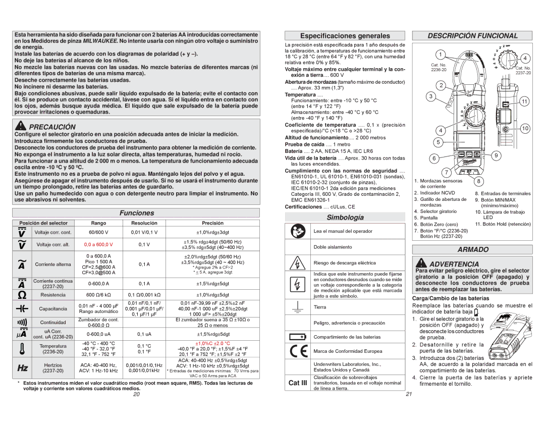Milwaukee 2236-20, 2237-20 manual Descripción Funcional, Precaución, Funciones, Simbología, Armado Advertencia 