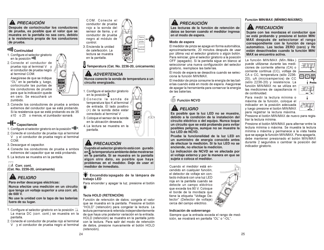 Milwaukee 2236-20 manual Función MIN/MAX MÍNIMO/MÁXIMO, Capacitancia, Corr. Cat. No -20, únicamente, Tecla Hold Retención 