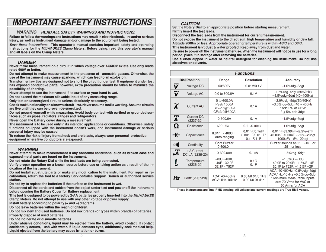 Milwaukee 2237-20, 2236-20 manual Important Safety Instructions, Functions, Dial Position Range Resolution Accuracy 