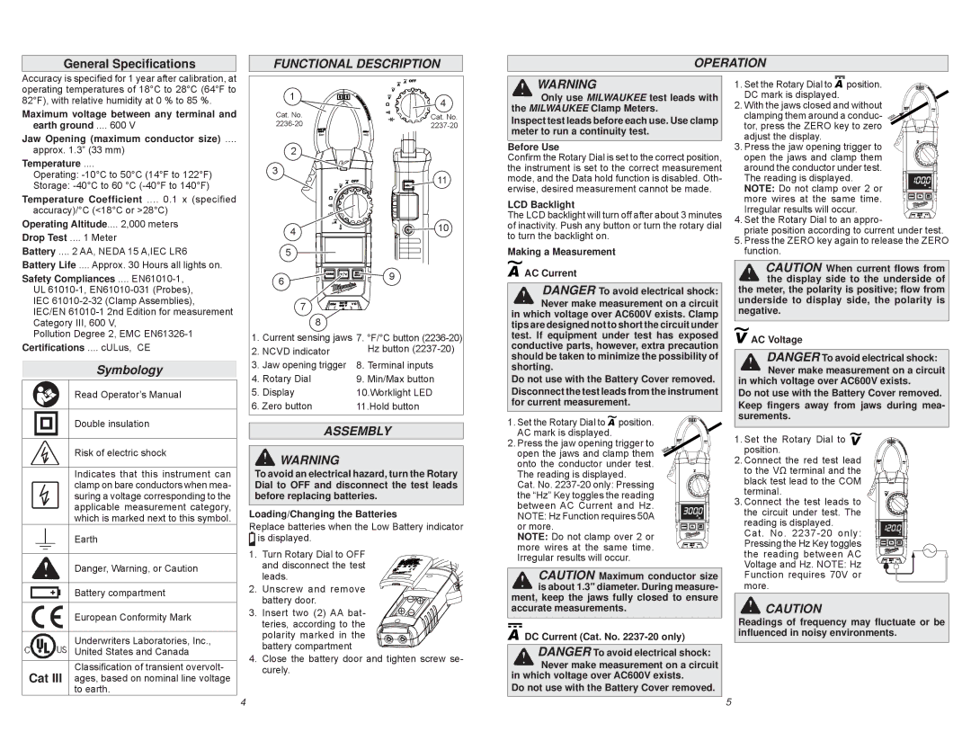 Milwaukee 2236-20, 2237-20 manual General Speciﬁcations, Functional Description Operation, Symbology, Assembly 