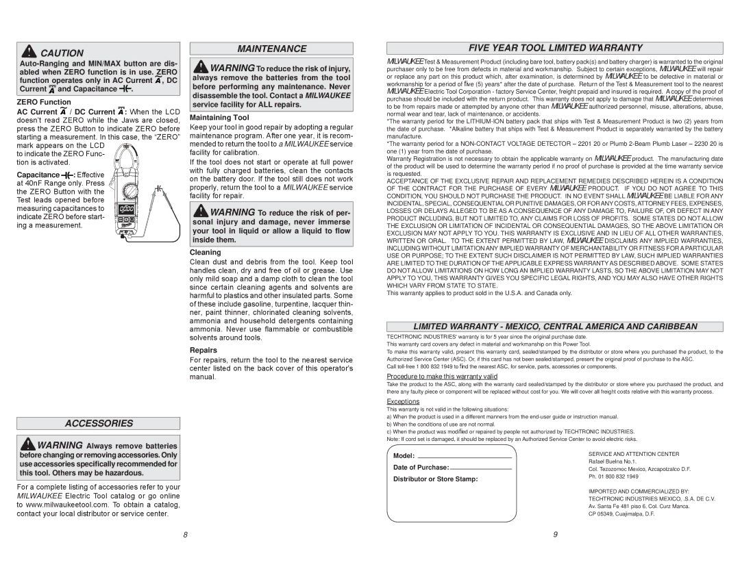 Milwaukee 2236-20, 2237-20 manual Maintenance, Five Year Tool Limited Warranty, Accessories 