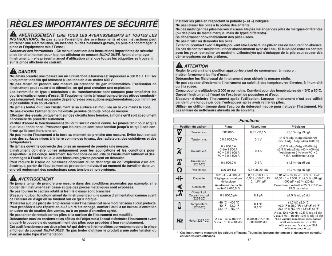 Milwaukee 2237-20 Règles Importantes DE Sécurité, Avertissement, Fonctions, Position du cadran Plage Résolution Précision 