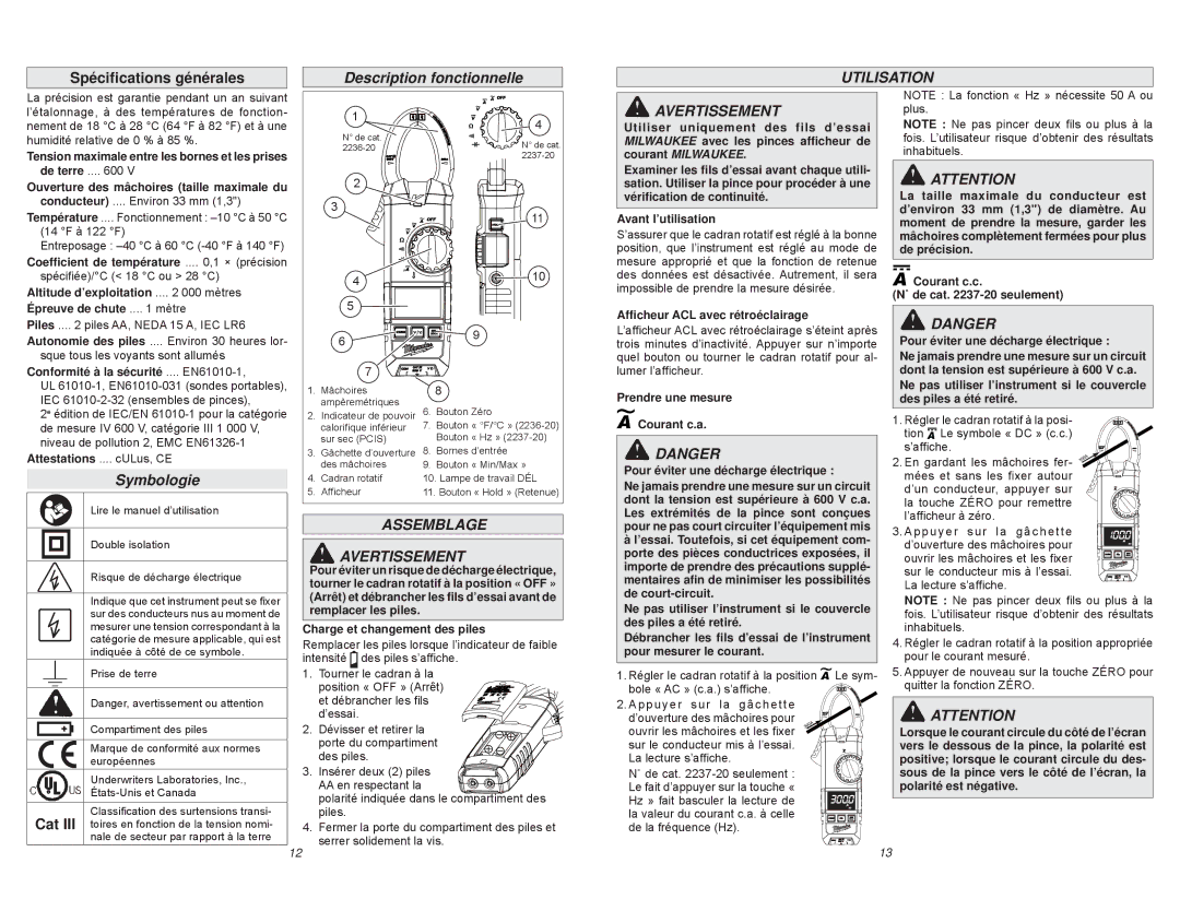 Milwaukee 2236-20, 2237-20 manual Spéciﬁcations générales, Description fonctionnelle, Utilisation, Symbologie, Assemblage 