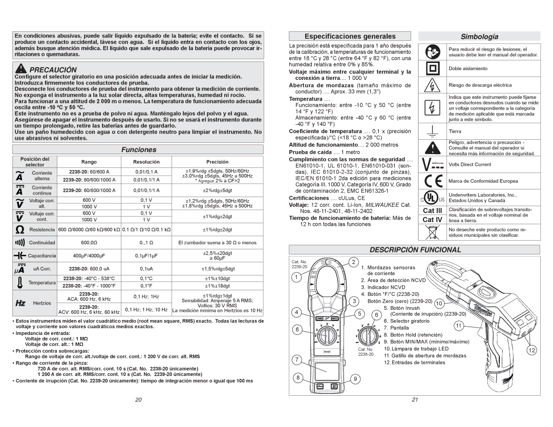 Milwaukee 2238-20, 2239-20 manual Precaución, Funciones, Especiﬁcaciones generales, Simbología, Descripción Funcional 