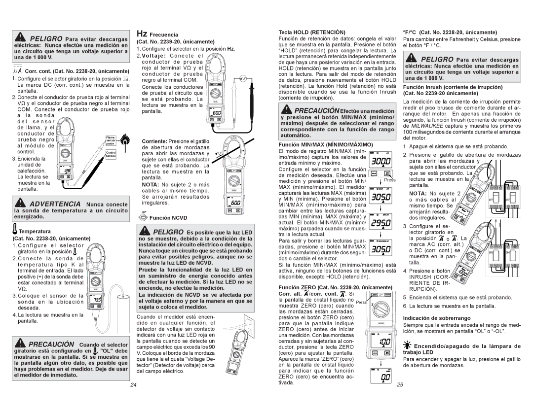 Milwaukee 2238-20 manual N d a, Voltaje Conecte el, Tecla Hold Retención, Energizado, Temperatura Cat. No -20, únicamente 