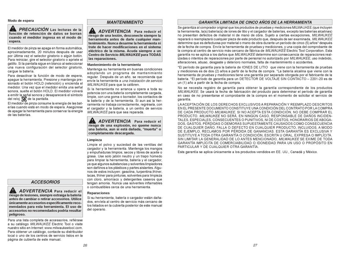 Milwaukee 2239-20, 2238-20 manual Accesorios, Mantenimiento, Garantía Limitada DE Cinco Años DE LA Herramienta, Reparaciones 
