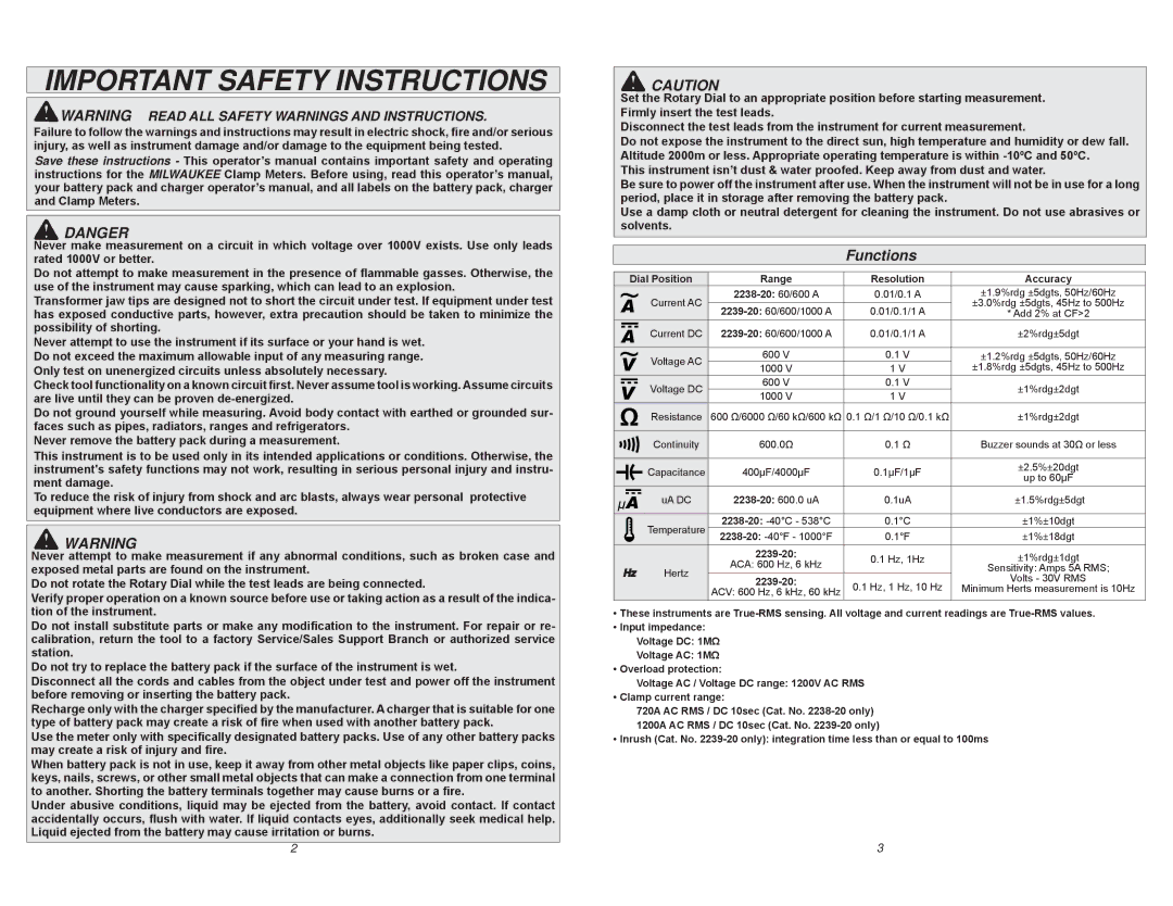 Milwaukee 2239-20, 2238-20 manual Important Safety Instructions, Functions 