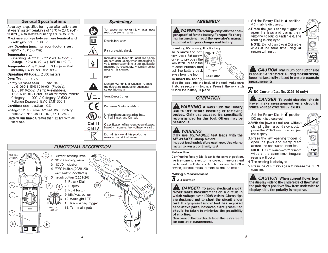 Milwaukee 2238-20, 2239-20 manual Symbology, Assembly, Operation, Functional Description 