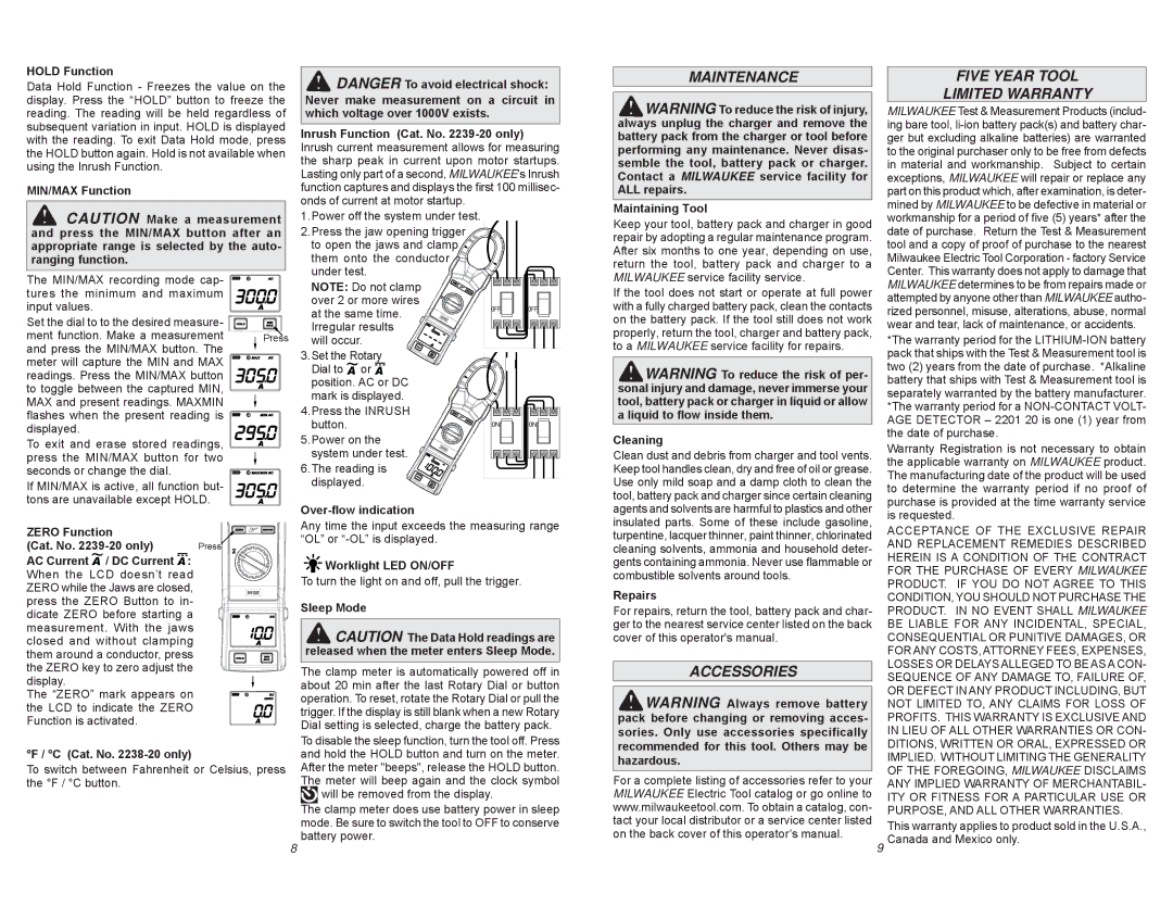Milwaukee 2238-20, 2239-20 manual Maintenance, Five Year Tool Limited Warranty, Accessories 