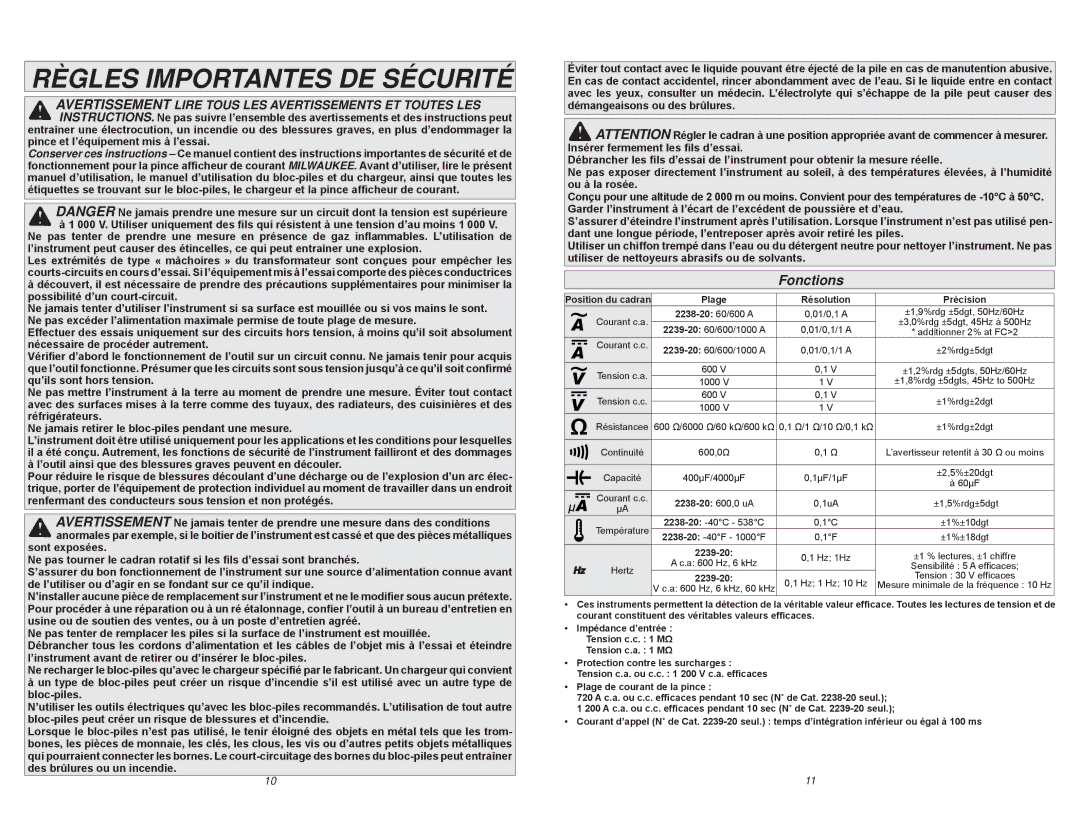 Milwaukee 2239-20 Règles Importantes DE Sécurité, Fonctions, Avertissement Lire Tous LES Avertissements ET Toutes LES 