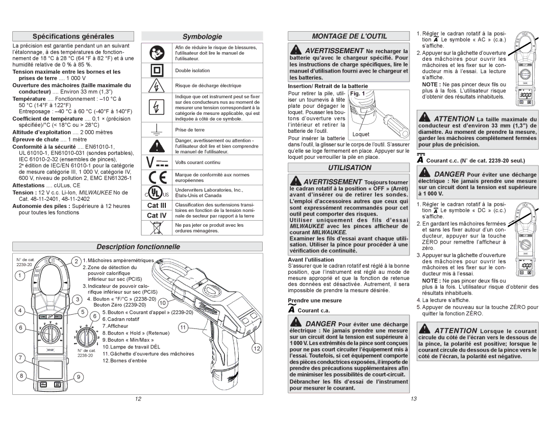 Milwaukee 2238-20, 2239-20 Spéciﬁcations générales, Symbologie, Montage DE Loutil, Utilisation, Description fonctionnelle 