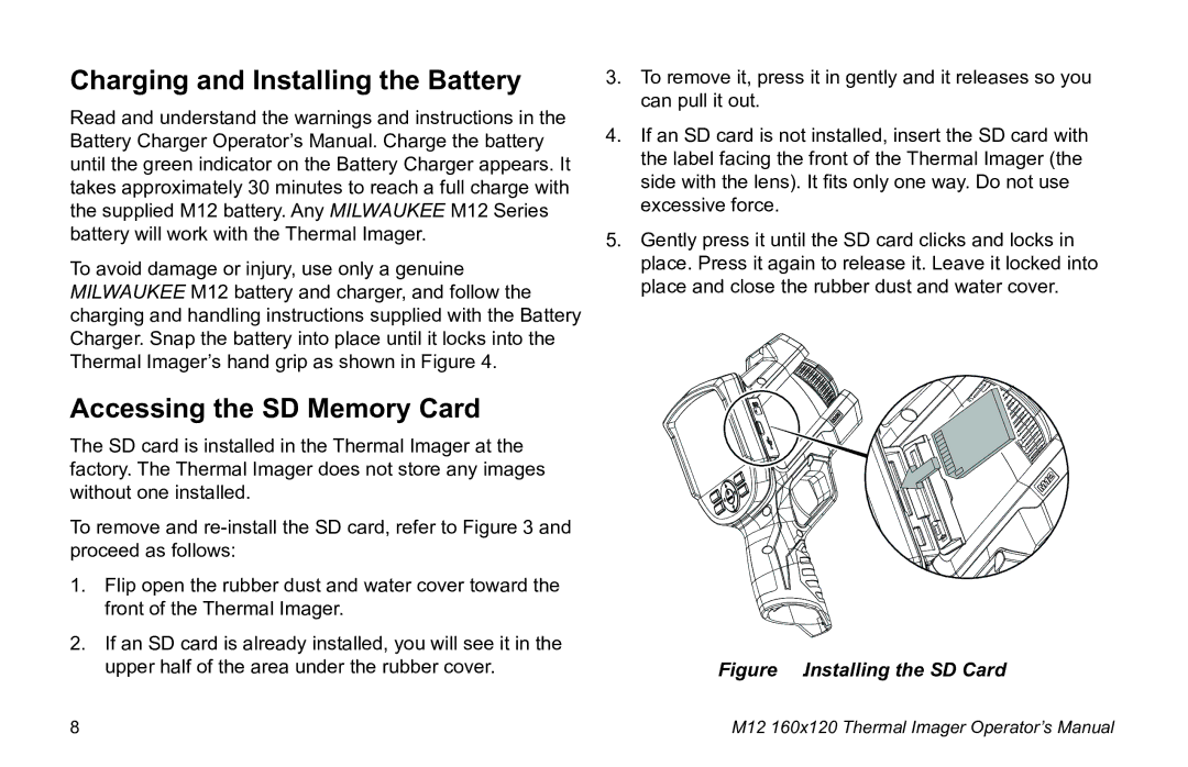 Milwaukee 2260-21 manual Charging and Installing the Battery, Accessing the SD Memory Card 