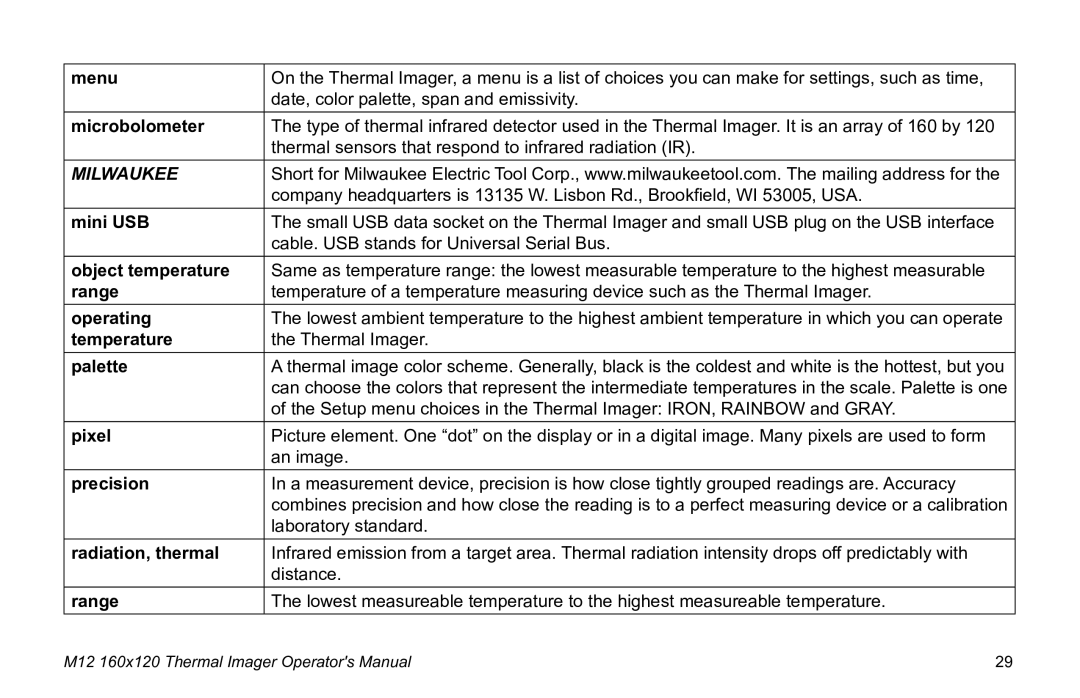 Milwaukee 2260-21 manual Menu, Microbolometer, Mini USB, Object temperature, Range, Operating, Temperature, Palette, Pixel 