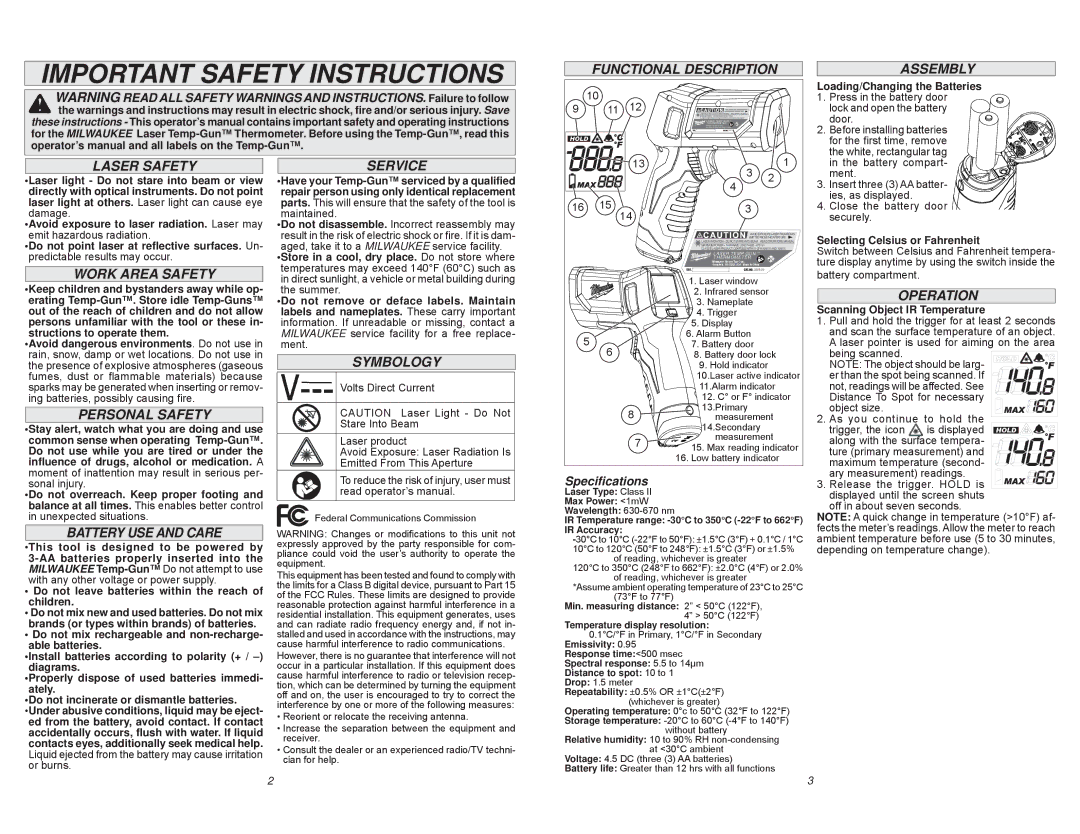 Milwaukee 2265-20 Functional Description, Assembly, Laser Safety, Work Area Safety, Personal Safety, Battery USE and Care 