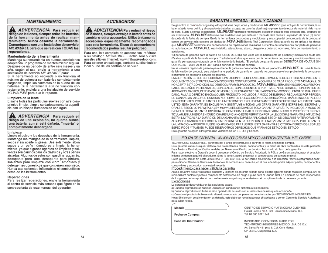 Milwaukee 2265-20 Mantenimiento Accesorios, Garantía Limitada E.U.A. Y Canadá, Procedimiento para hacer válida la garantía 