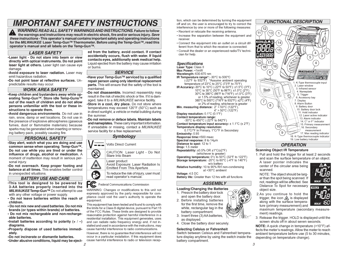 Milwaukee 2266-20 Functional Description Laser Safety, Work Area Safety, Personal Safety, Battery USE and Care, Service 