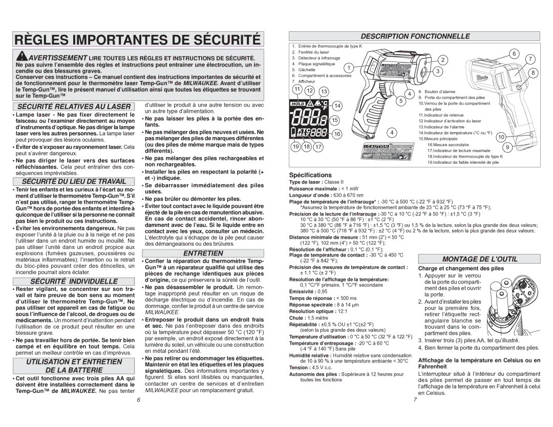 Milwaukee 2266-20 manual Description Fonctionnelle, Sécurité Relatives AU Laser, Sécurité DU Lieu DE Travail, Entretien 