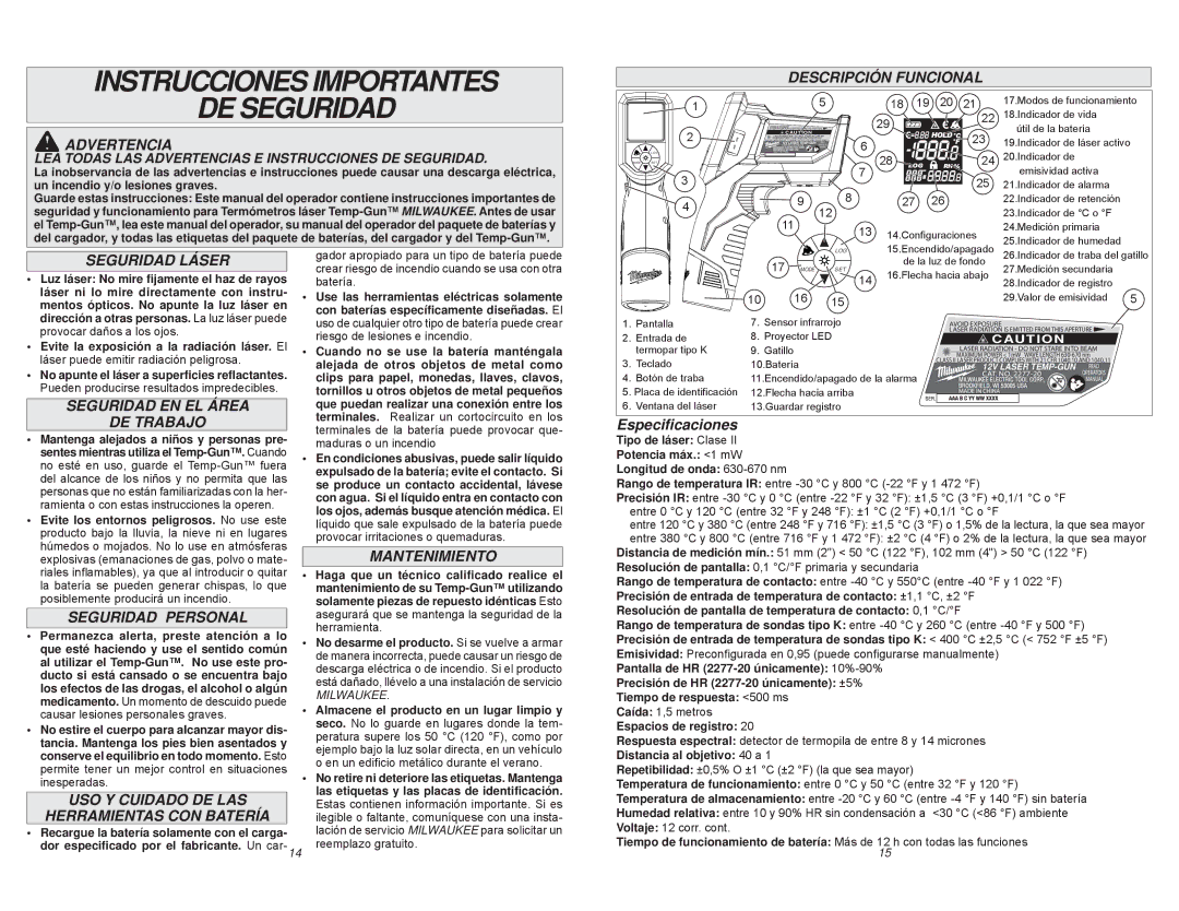 Milwaukee 2276-20 Descripción Funcional, Advertencia, Seguridad Láser, Seguridad EN EL Área, DE Trabajo, Mantenimiento 