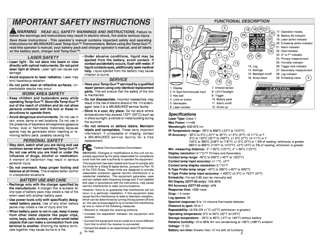 Milwaukee 2276-20, 2277-20 Important Safety Instructions, Functional Description, Laser Safety, Service, Work Area Safety 