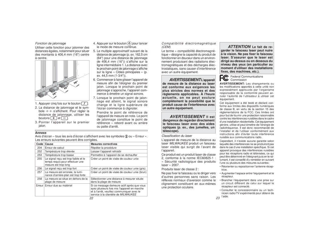 Milwaukee 2280-20 manual Fonction de jalonnage, Compatibilité électromagnétique CEM, Annexe, Classiﬁcation du laser 