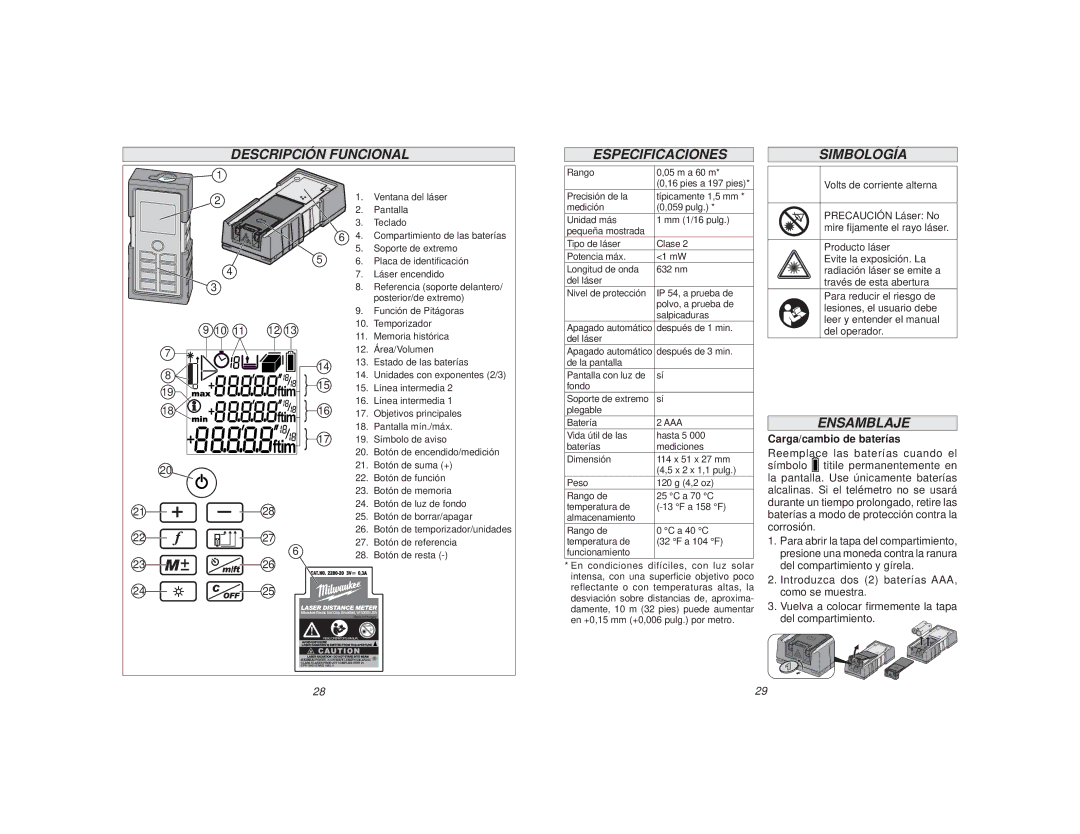 Milwaukee 2280-20 manual Descripción Funcional Especificaciones Simbología, Ensamblaje, Carga/cambio de baterías 