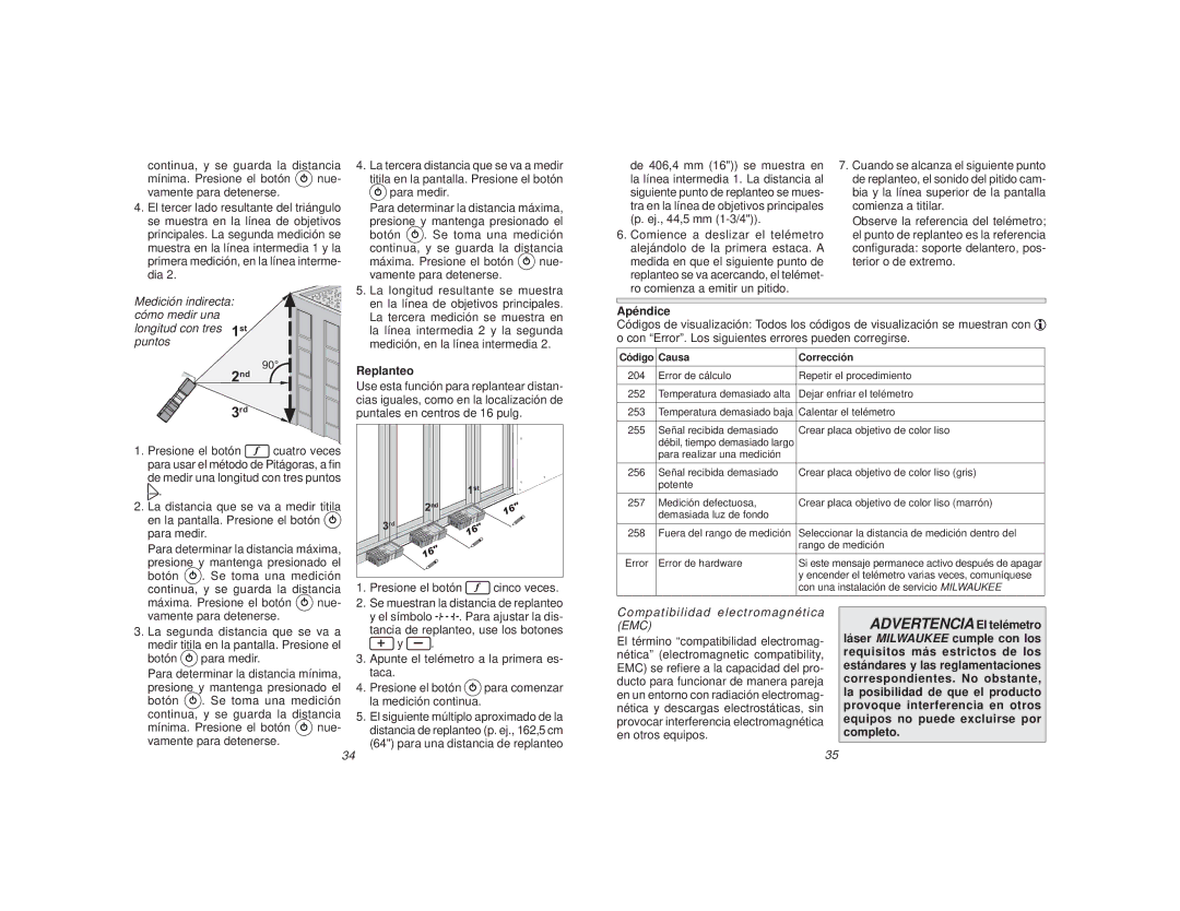 Milwaukee 2280-20 manual Replanteo, Presione el botón Cinco veces Apéndice, Compatibilidad electromagnética EMC 