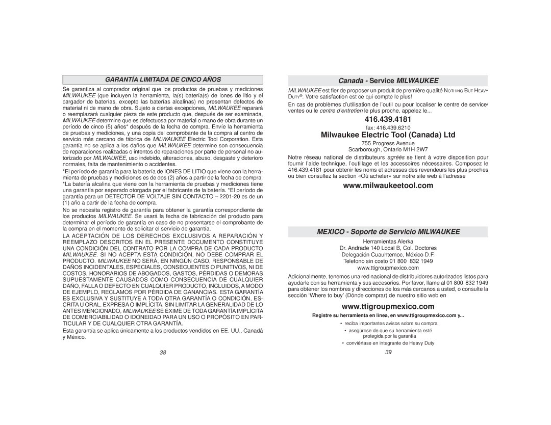 Milwaukee 2280-20 manual Garantía Limitada DE Cinco Años, Fax Progress Avenue Scarborough, Ontario M1H 2W7 