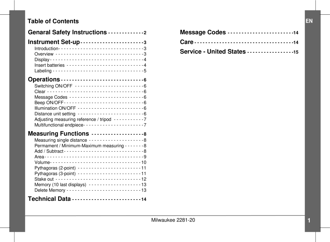 Milwaukee 2281-20 manual Table of Contents Genaral Safety Instructions 