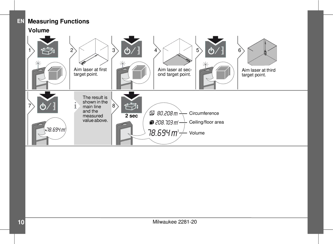 Milwaukee 2281-20 manual Result is Shown Main line, Measured, Value above, Circumference Ceiling/floor area Volume 