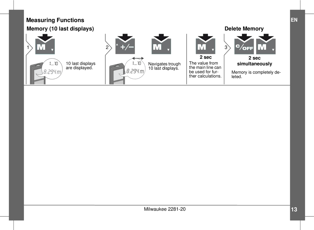 Milwaukee 2281-20 manual Memory 10 last displays Delete Memory, Last displays are displayed Navigates trough Value from 