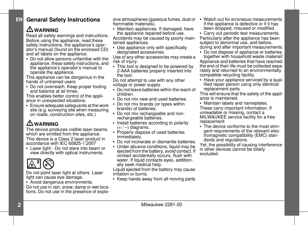 Milwaukee 2281-20 manual EN Genaral Safety Instructions, Use appliance only with specifically designated accessories 