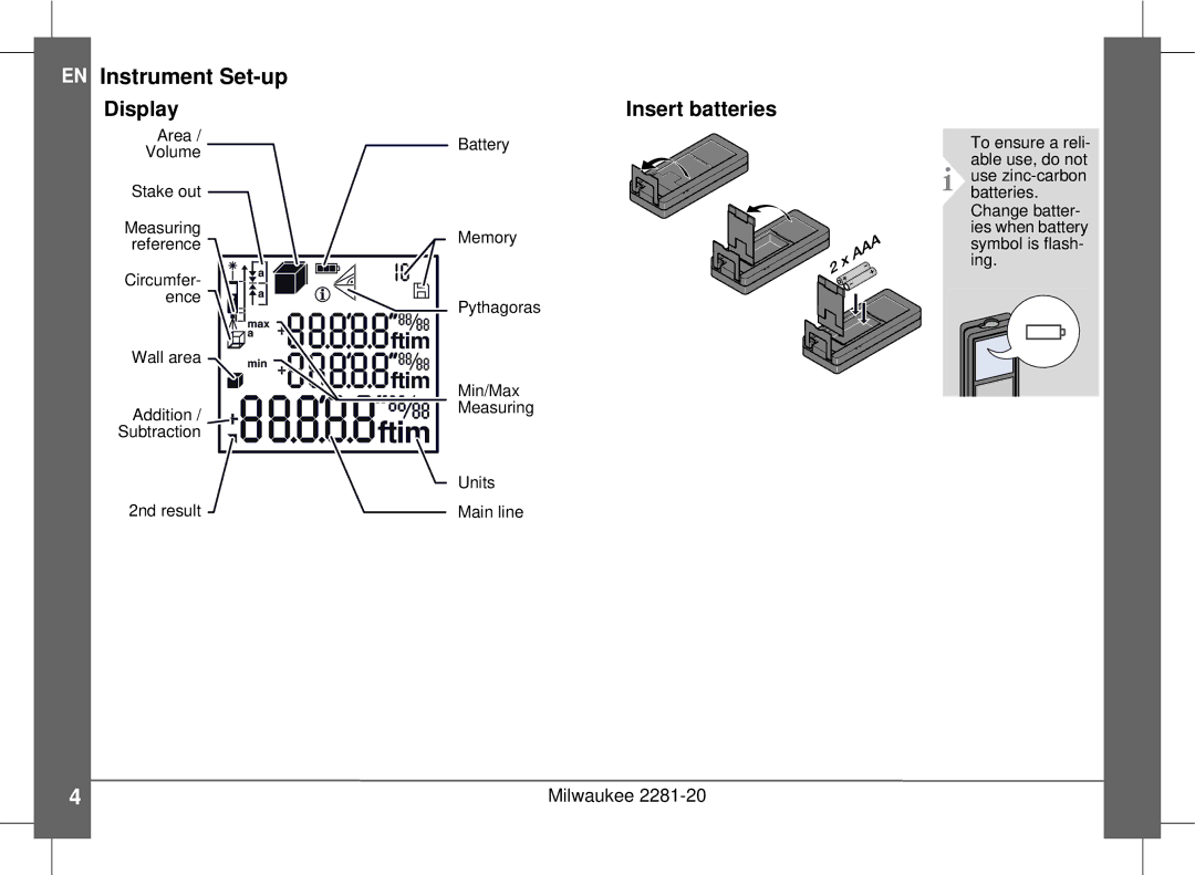 Milwaukee 2281-20 manual EN Instrument Set-up, Display Insert batteries, Wall area Min/Max Addition Measuring, Units 