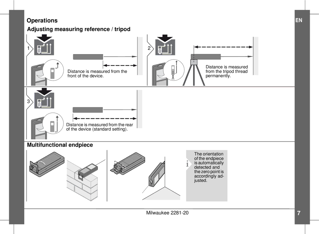 Milwaukee 2281-20 manual Operations, Adjusting measuring reference / tripod, Multifunctional endpiece 