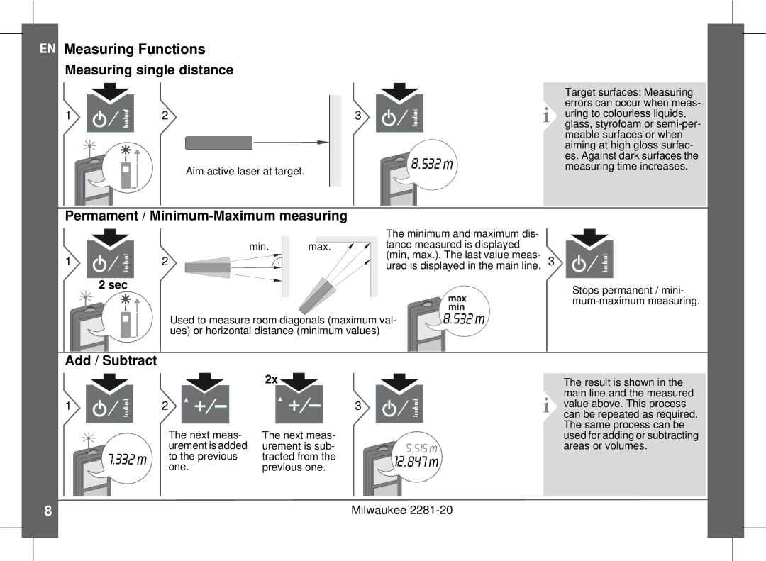 Milwaukee 2281-20 EN Measuring Functions, Measuring single distance, Permament / Minimum-Maximum measuring, Add / Subtract 