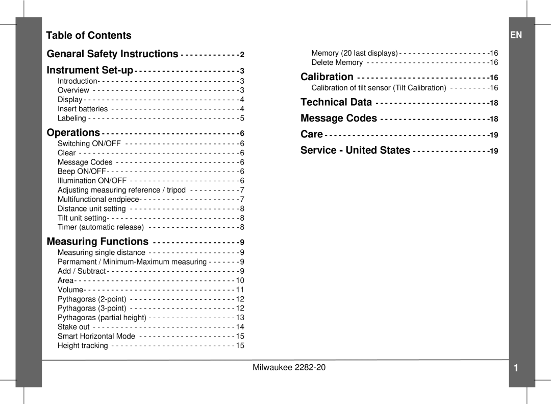 Milwaukee 2282-20 manual Table of Contents Genaral Safety Instructions 