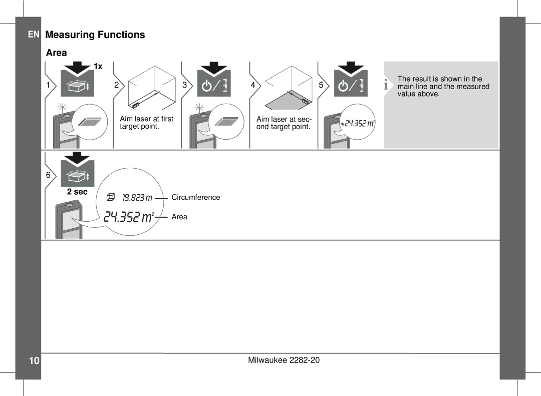 Milwaukee 2282-20 manual EN Measuring Functions, Area 