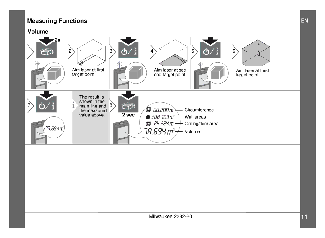 Milwaukee 2282-20 manual 78.694 m, Volume 