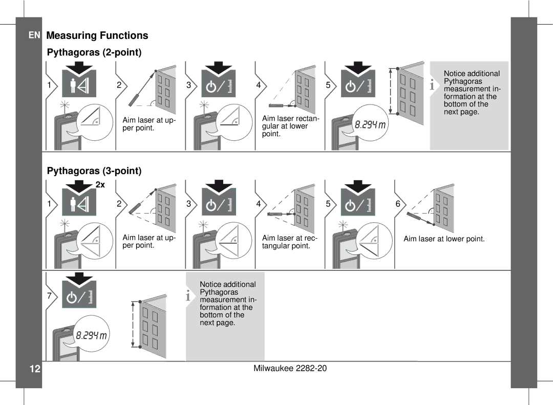 Milwaukee 2282-20 manual Pythagoras 2-point, Pythagoras 3-point 