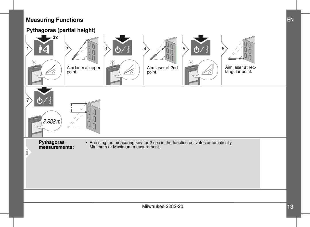 Milwaukee 2282-20 manual 602 m, Pythagoras partial height 
