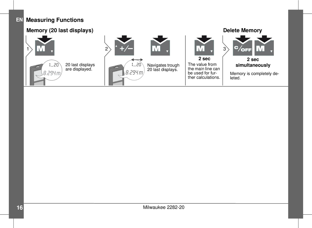 Milwaukee 2282-20 manual 294 m, Memory 20 last displays Delete Memory 