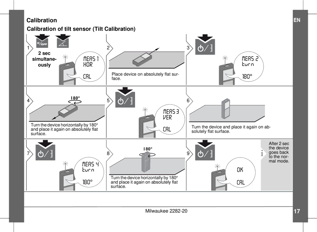 Milwaukee 2282-20 manual Calibration of tilt sensor Tilt Calibration 