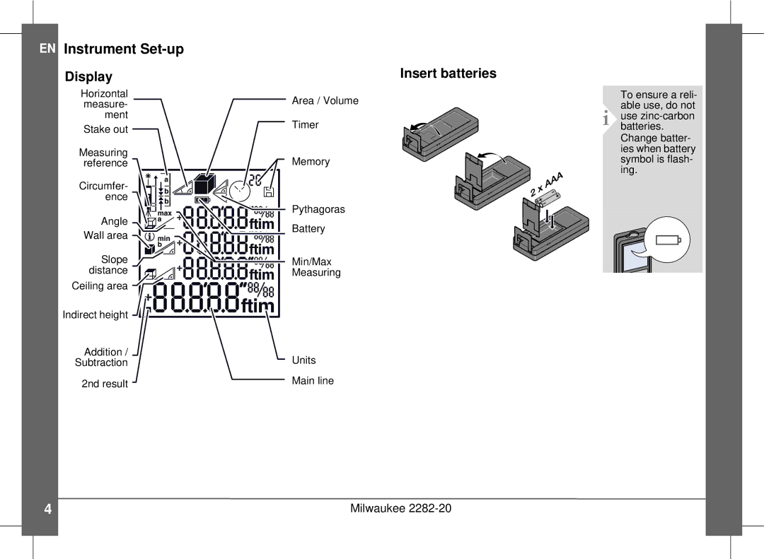 Milwaukee 2282-20 manual EN Instrument Set-up, Display Insert batteries 