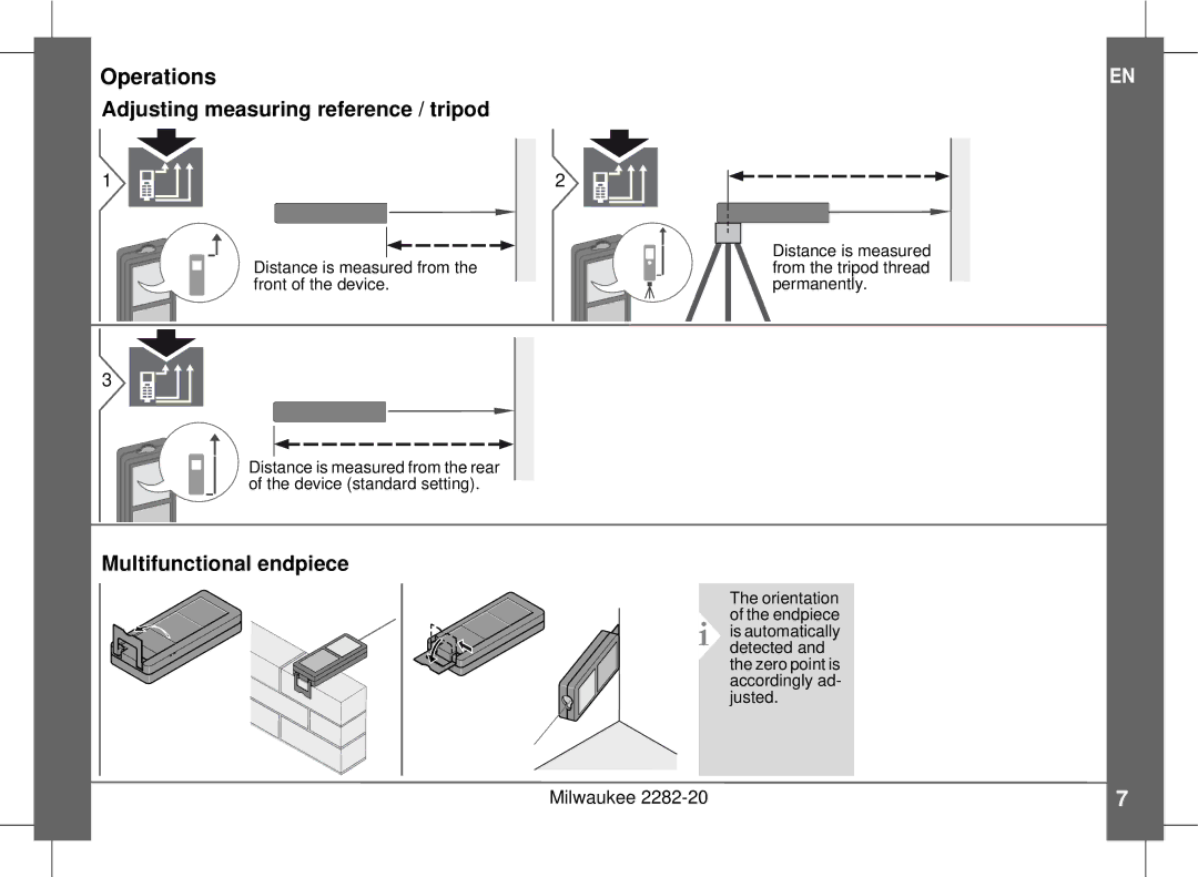 Milwaukee 2282-20 manual Operations, Adjusting measuring reference / tripod, Multifunctional endpiece 