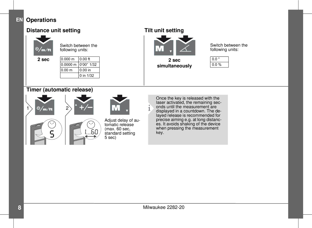 Milwaukee 2282-20 manual Distance unit setting Tilt unit setting, Timer automatic release 