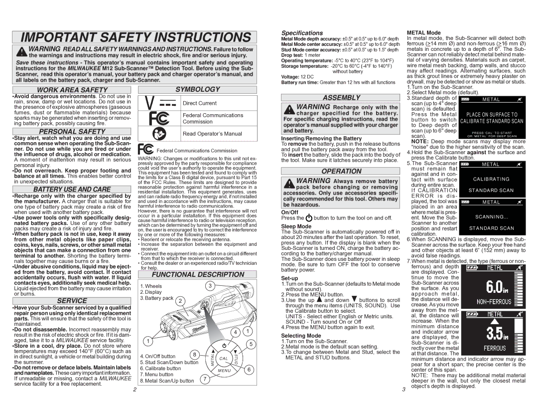 Milwaukee 2291-20 Work Area Safety, Personal Safety, Battery USE and Care, Service, Symbology, Functional Description 