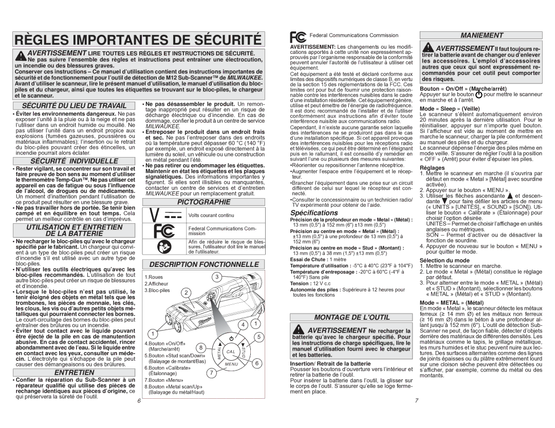 Milwaukee 2291-20 manual Maniement, Sécurité Individuelle, Pictographie, Utilisation ET Entretien, DE LA Batterie 